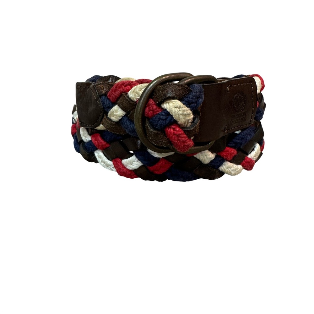 Franklin Marshall Braided Leather Textile Belt Brown Red Navy White D-Ring 40in